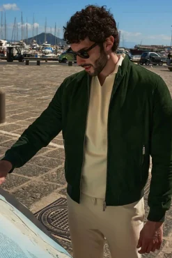 Uomo D'Arienzo 1006 - Giubbotto bomber in pelle camoscio verde tono su tono