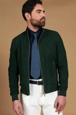 Uomo D'Arienzo 1006 - Giubbotto bomber in pelle camoscio verde tono su tono
