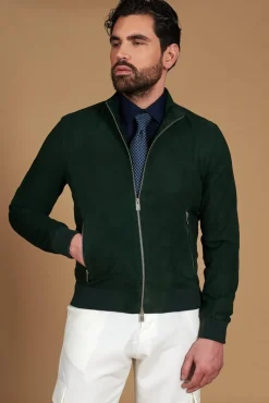 Uomo D'Arienzo 1006 - Giubbotto bomber in pelle camoscio verde tono su tono