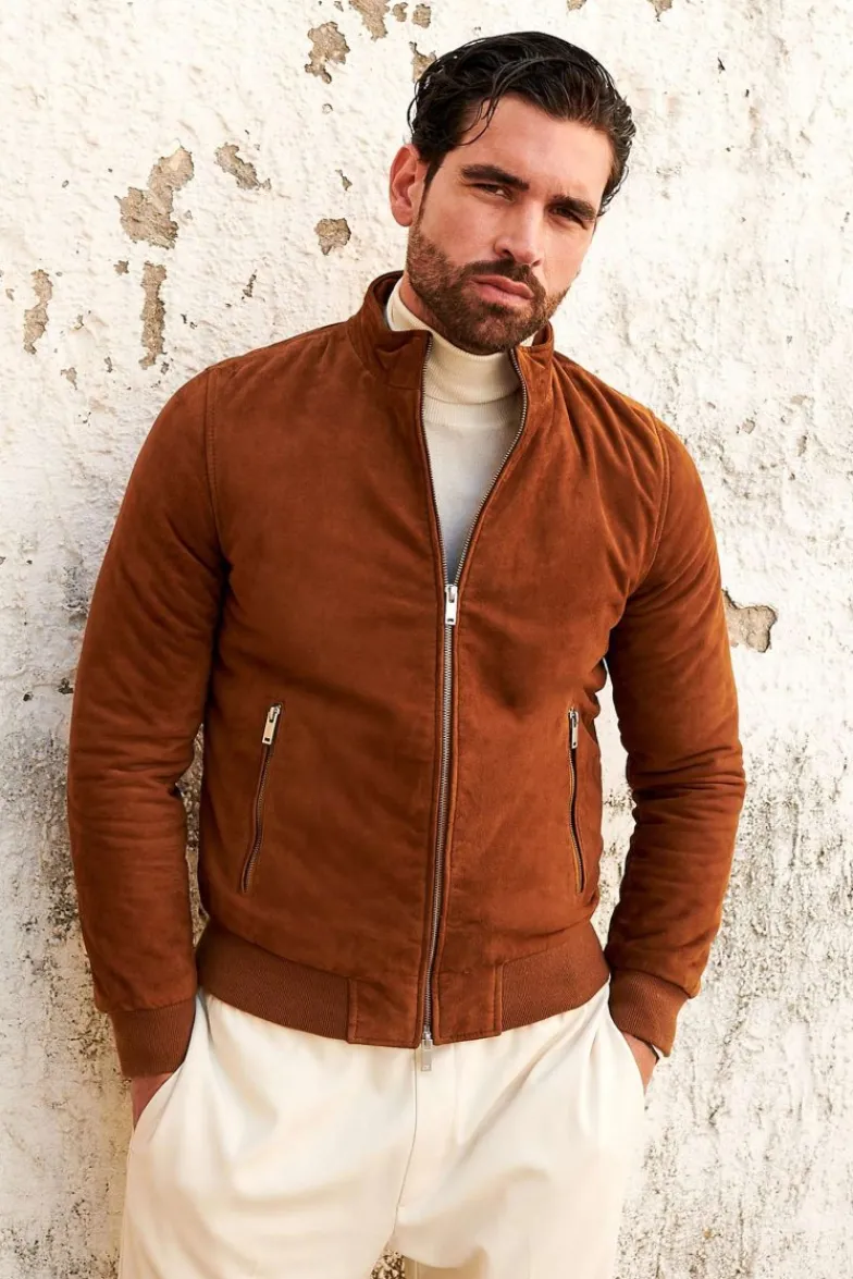Uomo D'Arienzo 1006 - Giubbotto bomber in pelle camoscio color cuoio tono su tono