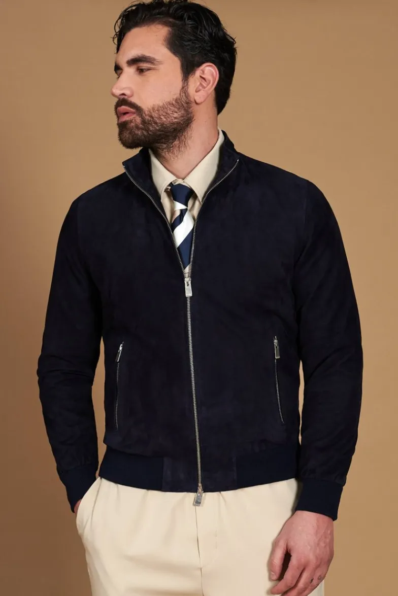 Uomo D'Arienzo 1006 - Giubbotto bomber in pelle camoscio blu tono su tono