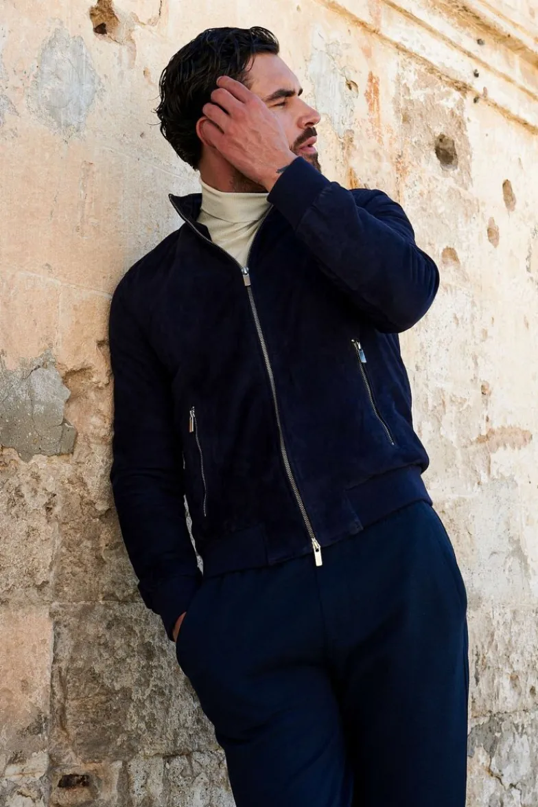 Uomo D'Arienzo 1006 - Giubbotto bomber in pelle camoscio blu tono su tono