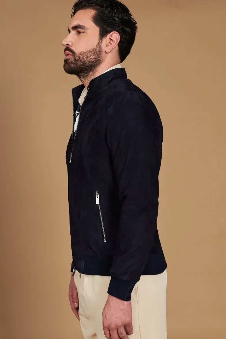 Uomo D'Arienzo 1006 - Giubbotto bomber in pelle camoscio blu tono su tono
