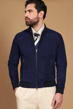 Uomo D'Arienzo 106 - Giubbotto bomber in pelle scamosciata blu collo coreana