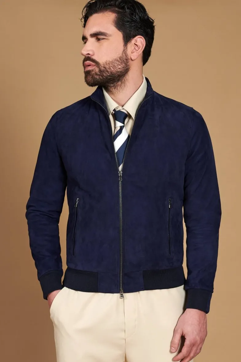Uomo D'Arienzo 106 - Giubbotto bomber in pelle scamosciata blu collo coreana