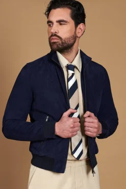 Uomo D'Arienzo 106 - Giubbotto bomber in pelle scamosciata blu collo coreana