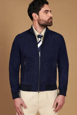 Uomo D'Arienzo 106 - Giubbotto bomber in pelle scamosciata blu collo coreana