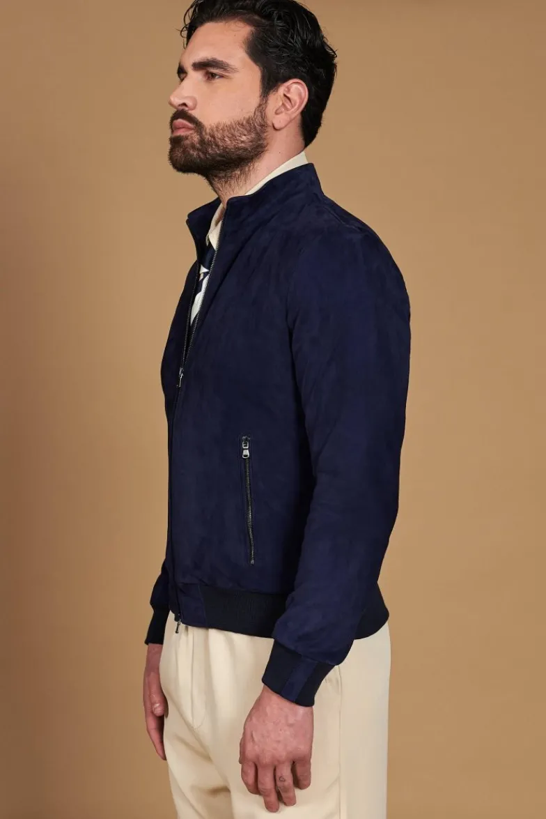 Uomo D'Arienzo 106 - Giubbotto bomber in pelle scamosciata blu collo coreana