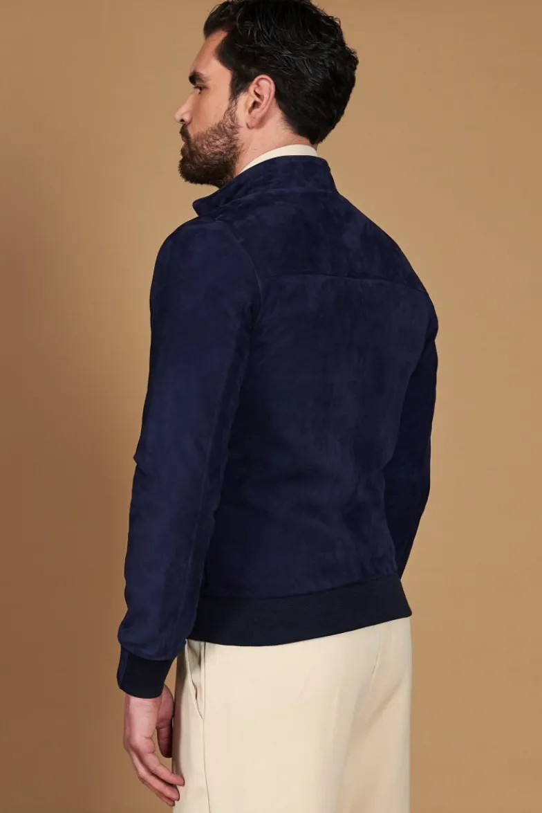 Uomo D'Arienzo 106 - Giubbotto bomber in pelle scamosciata blu collo coreana