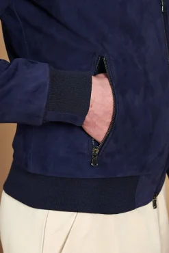 Uomo D'Arienzo 106 - Giubbotto bomber in pelle scamosciata blu collo coreana