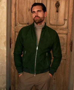 Uomo D'Arienzo 1006 - Giubbotto bomber in pelle scamosciata verde tono su tono