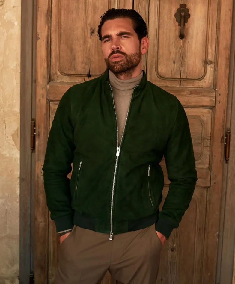 Uomo D'Arienzo 1006 - Giubbotto bomber in pelle scamosciata verde tono su tono