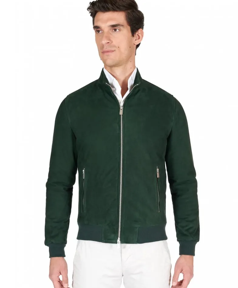 Uomo D'Arienzo 1006 - Giubbotto bomber in pelle scamosciata verde tono su tono