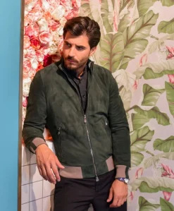 Uomo D'Arienzo 106 - Giubbotto bomber in pelle scamosciata verde collo coreana