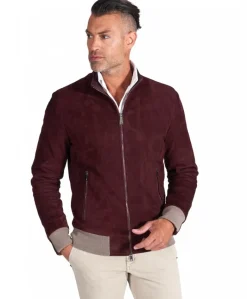 Uomo D'Arienzo 106 - Giubbotto bomber in pelle scamosciata bordeaux collo coreana