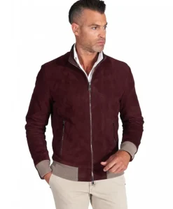 Uomo D'Arienzo 106 - Giubbotto bomber in pelle scamosciata bordeaux collo coreana