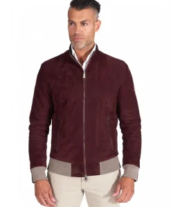 Uomo D'Arienzo 106 - Giubbotto bomber in pelle scamosciata bordeaux collo coreana