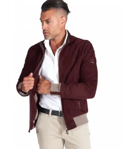 Uomo D'Arienzo 106 - Giubbotto bomber in pelle scamosciata bordeaux collo coreana