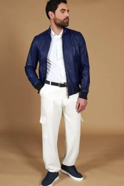 Uomo D'Arienzo 106 - Giubbotto bomber in pelle naturale blu elettrico colletto coreana