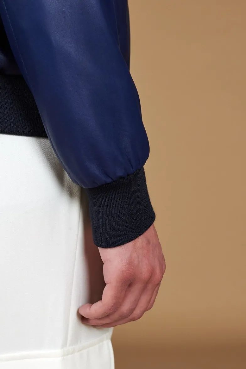 Uomo D'Arienzo 106 - Giubbotto bomber in pelle naturale blu elettrico colletto coreana