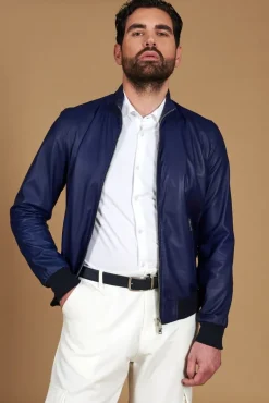 Uomo D'Arienzo 106 - Giubbotto bomber in pelle naturale blu elettrico colletto coreana