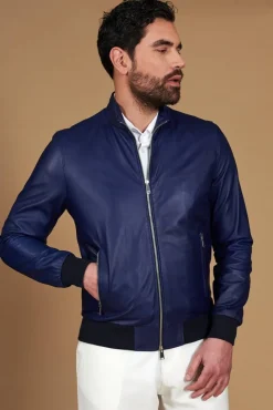 Uomo D'Arienzo 106 - Giubbotto bomber in pelle naturale blu elettrico colletto coreana