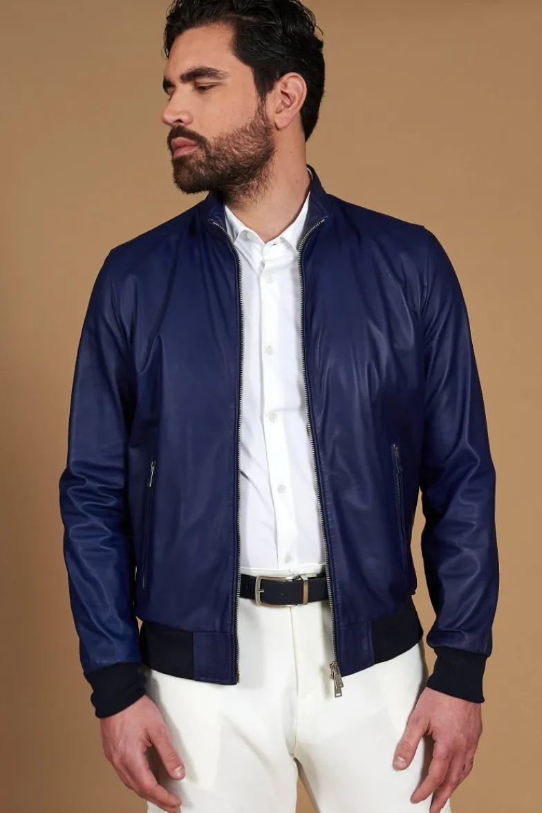 Uomo D'Arienzo 106 - Giubbotto bomber in pelle naturale blu elettrico colletto coreana