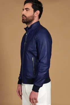 Uomo D'Arienzo 106 - Giubbotto bomber in pelle naturale blu elettrico colletto coreana