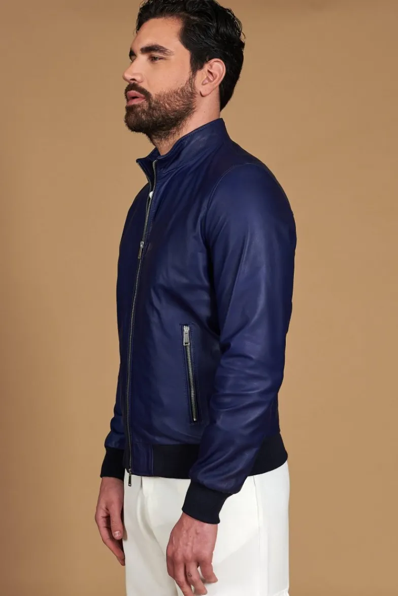 Uomo D'Arienzo 106 - Giubbotto bomber in pelle naturale blu elettrico colletto coreana
