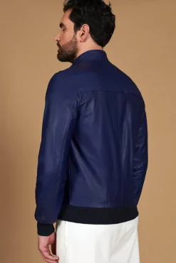 Uomo D'Arienzo 106 - Giubbotto bomber in pelle naturale blu elettrico colletto coreana