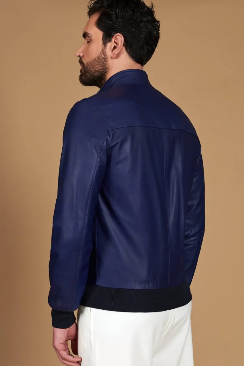 Uomo D'Arienzo 106 - Giubbotto bomber in pelle naturale blu elettrico colletto coreana