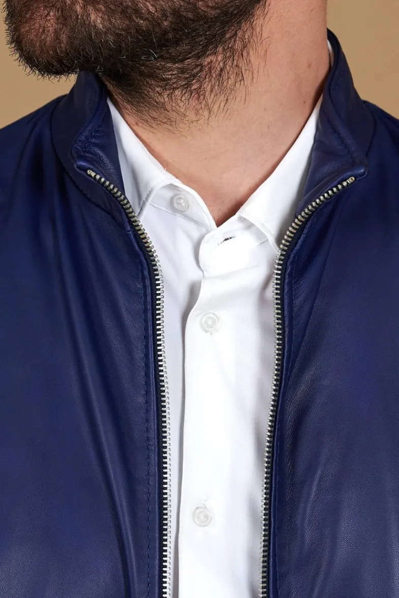 Uomo D'Arienzo 106 - Giubbotto bomber in pelle naturale blu elettrico colletto coreana