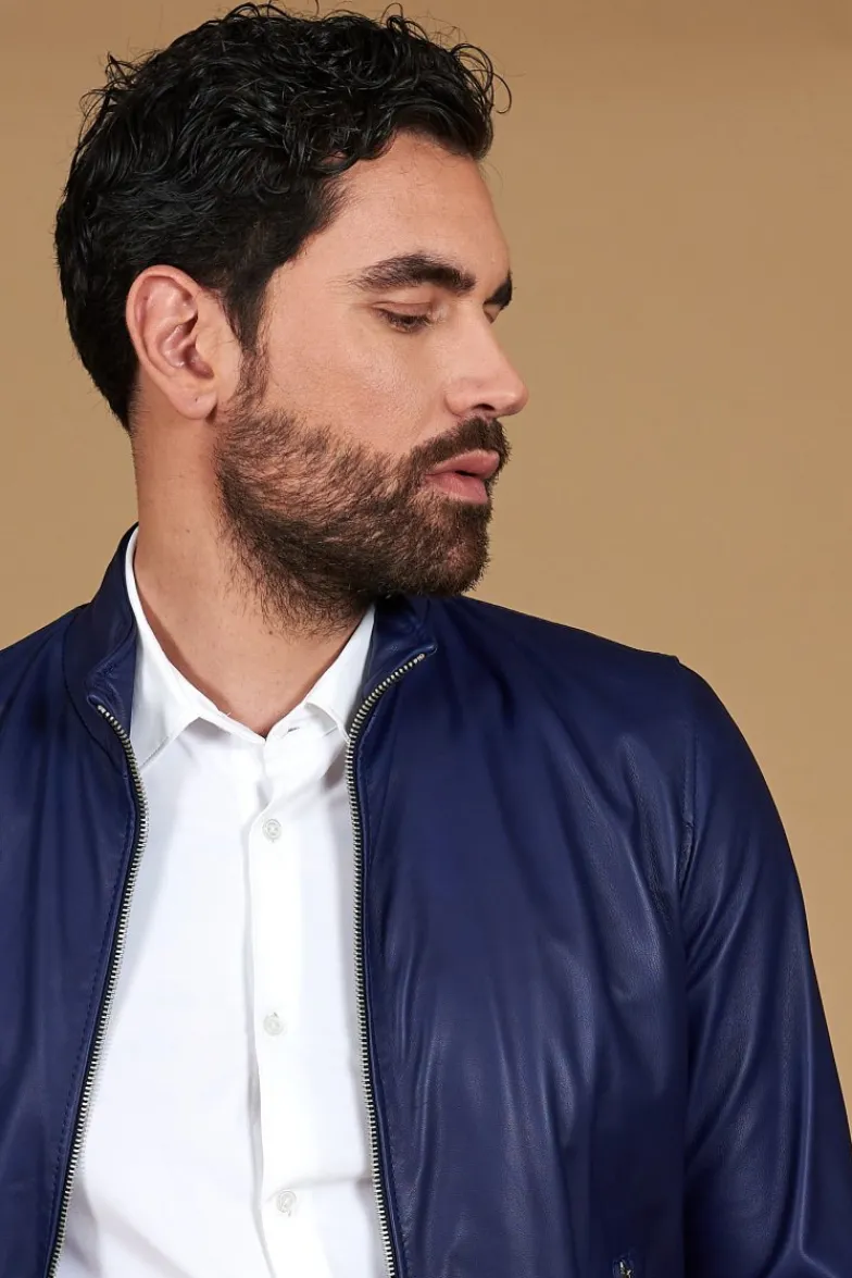 Uomo D'Arienzo 106 - Giubbotto bomber in pelle naturale blu elettrico colletto coreana