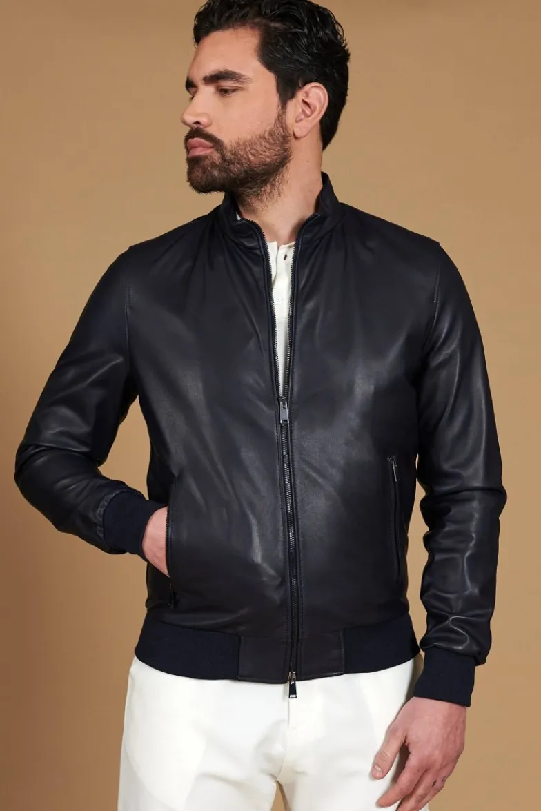 Uomo D'Arienzo 106 - Giubbotto Bomber in pelle blu nappa effetto liscio