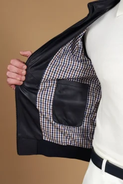 Uomo D'Arienzo 106 - Giubbotto Bomber in pelle blu nappa effetto liscio