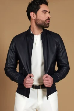 Uomo D'Arienzo 106 - Giubbotto Bomber in pelle blu nappa effetto liscio