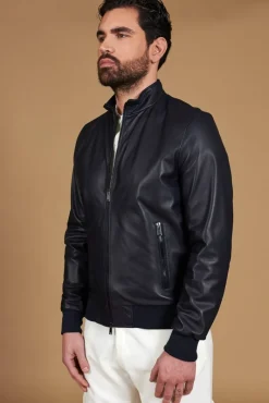 Uomo D'Arienzo 106 - Giubbotto Bomber in pelle blu nappa effetto liscio