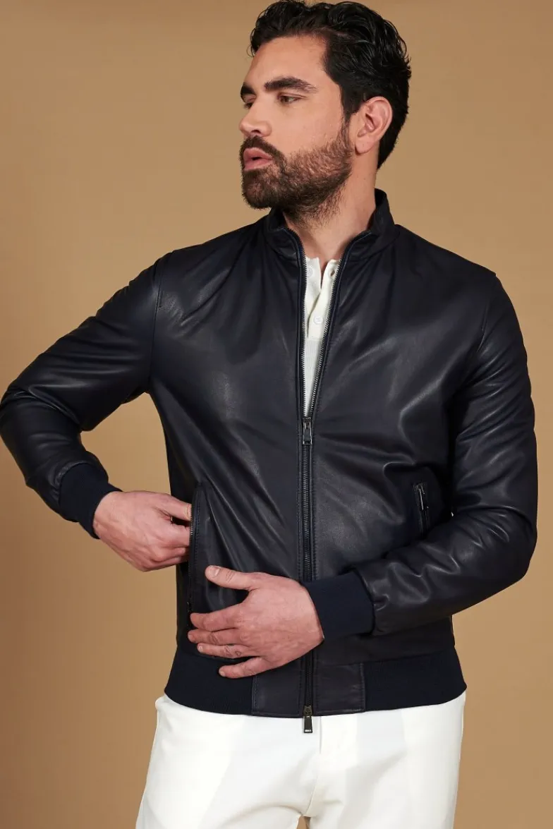 Uomo D'Arienzo 106 - Giubbotto Bomber in pelle blu nappa effetto liscio