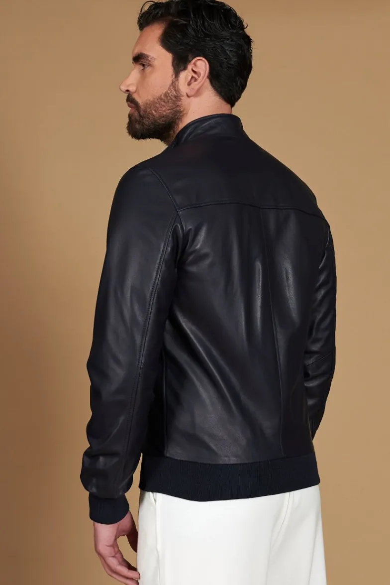 Uomo D'Arienzo 106 - Giubbotto Bomber in pelle blu nappa effetto liscio