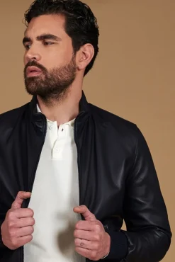 Uomo D'Arienzo 106 - Giubbotto Bomber in pelle blu nappa effetto liscio