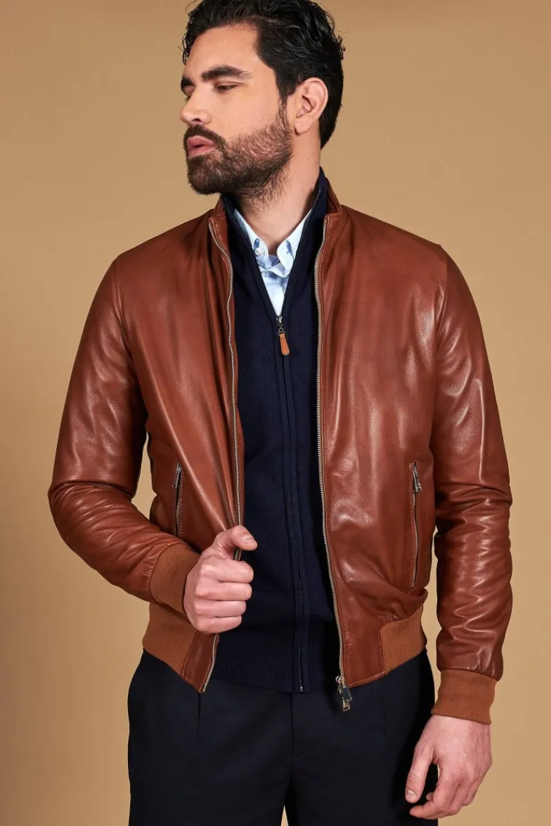 Uomo D'Arienzo 106 - Giubbotto Bomber in pelle naturale color cuoio effetto liscio