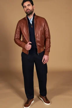 Uomo D'Arienzo 106 - Giubbotto Bomber in pelle naturale color cuoio effetto liscio