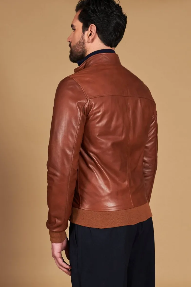 Uomo D'Arienzo 106 - Giubbotto Bomber in pelle naturale color cuoio effetto liscio