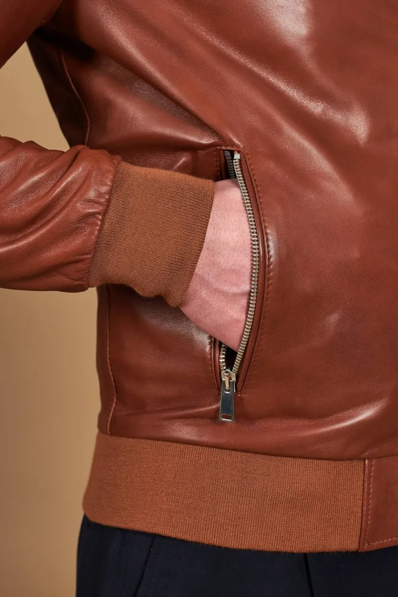 Uomo D'Arienzo 106 - Giubbotto Bomber in pelle naturale color cuoio effetto liscio