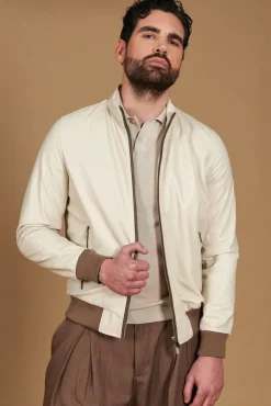 Uomo D'Arienzo 106 - Giubbotto bomber in pelle color crema con profili a contrasto fango