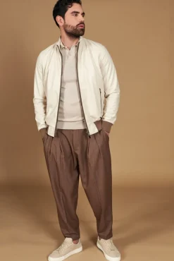 Uomo D'Arienzo 106 - Giubbotto bomber in pelle color crema con profili a contrasto fango