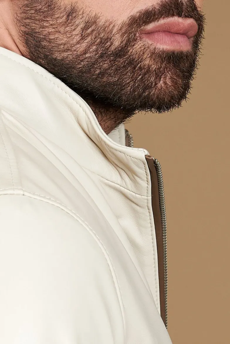 Uomo D'Arienzo 106 - Giubbotto bomber in pelle color crema con profili a contrasto fango