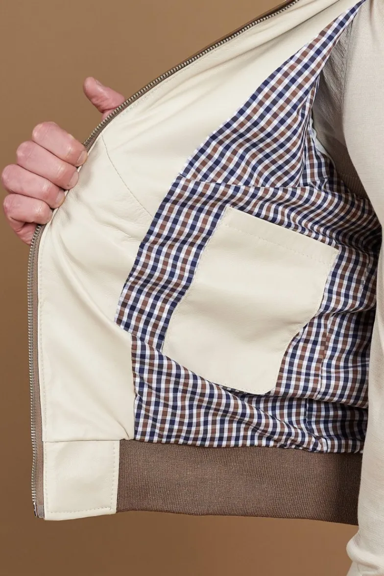 Uomo D'Arienzo 106 - Giubbotto bomber in pelle color crema con profili a contrasto fango