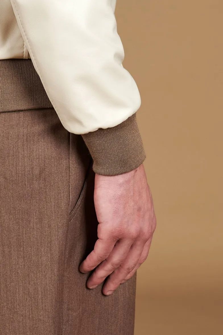 Uomo D'Arienzo 106 - Giubbotto bomber in pelle color crema con profili a contrasto fango