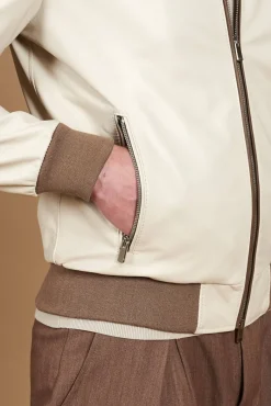 Uomo D'Arienzo 106 - Giubbotto bomber in pelle color crema con profili a contrasto fango